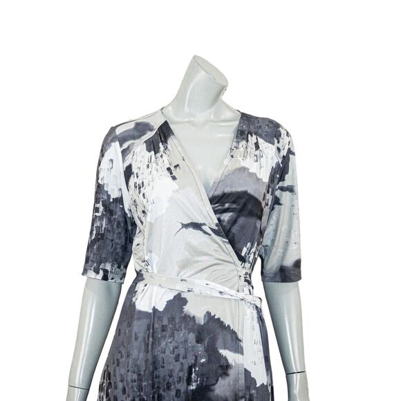 KOMAROV Wrap Dress Gray black Print Waist strap Petite sz L - Picture 7 of 10